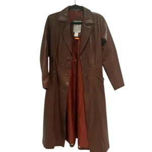 Vintage Vegan Leather Cognac Brown Fall/Winter Tie Front Trench Coat